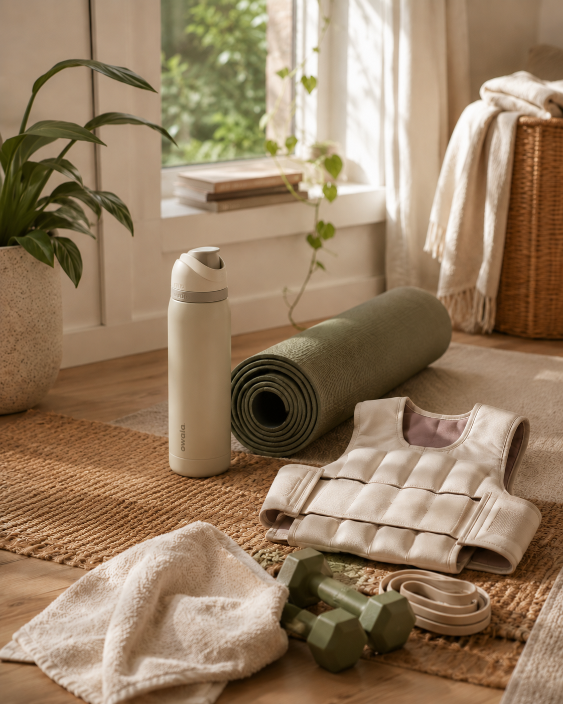 Yoga mat, water bottle, weighted vest and dumbbells arranged for an at-home workout.
