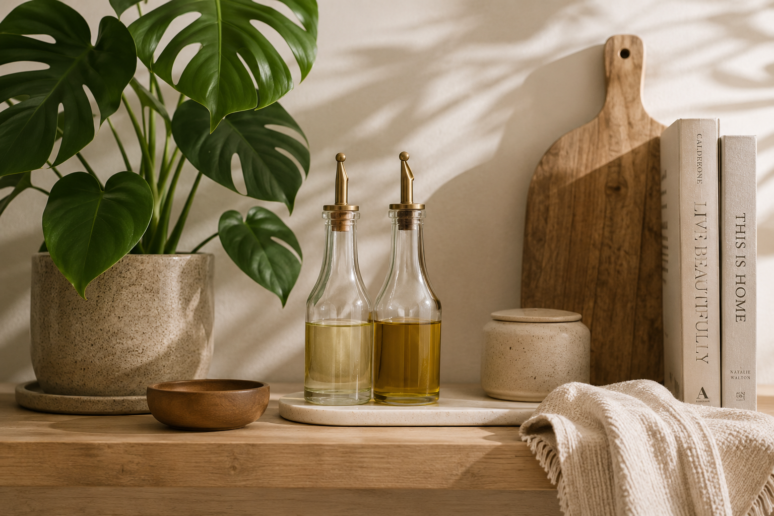 Two glass oil dispensers with gold pour spouts on a kitchen counter beside a houseplant.