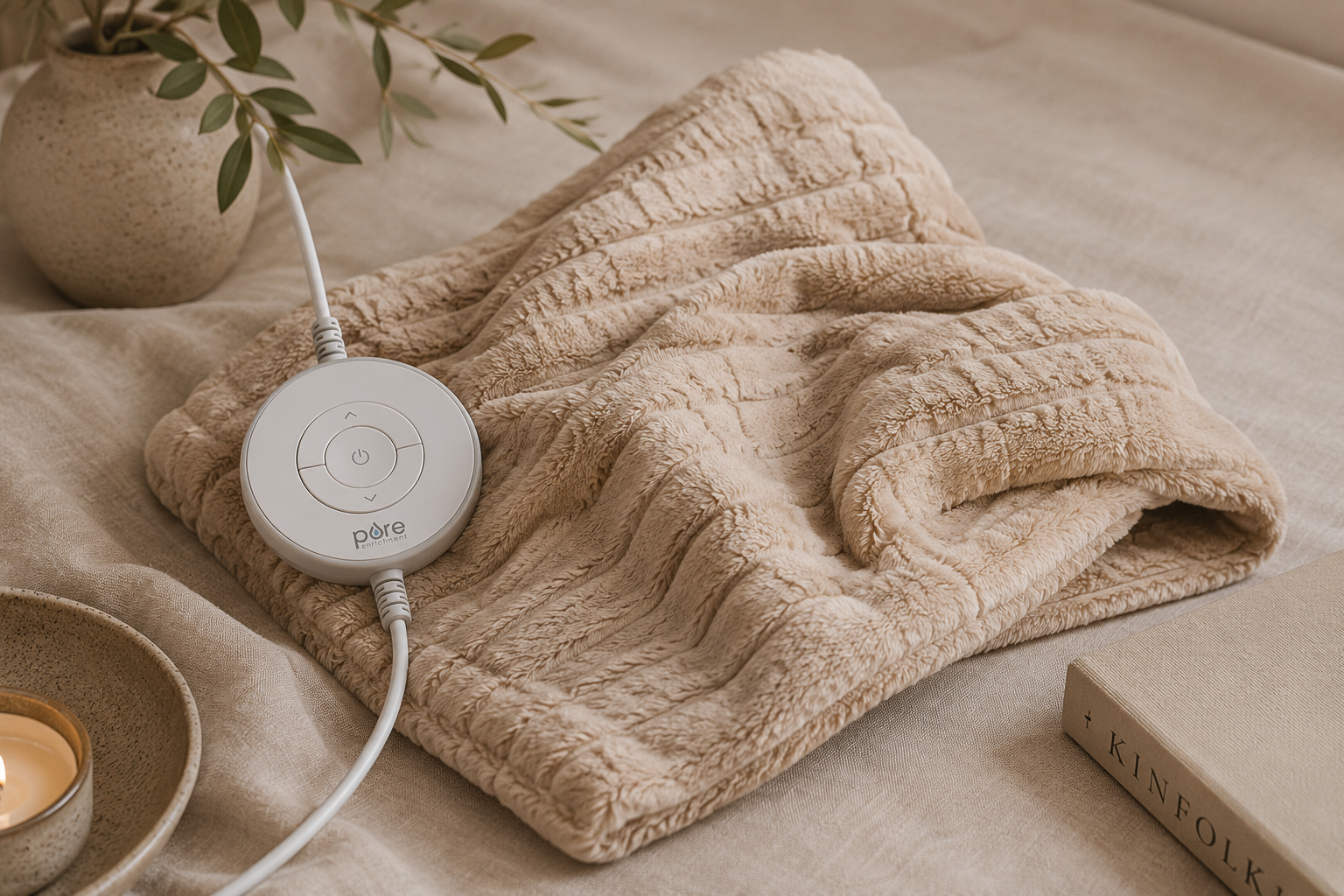 Soft electric heating wrap folded on a bed beside books and a candle.