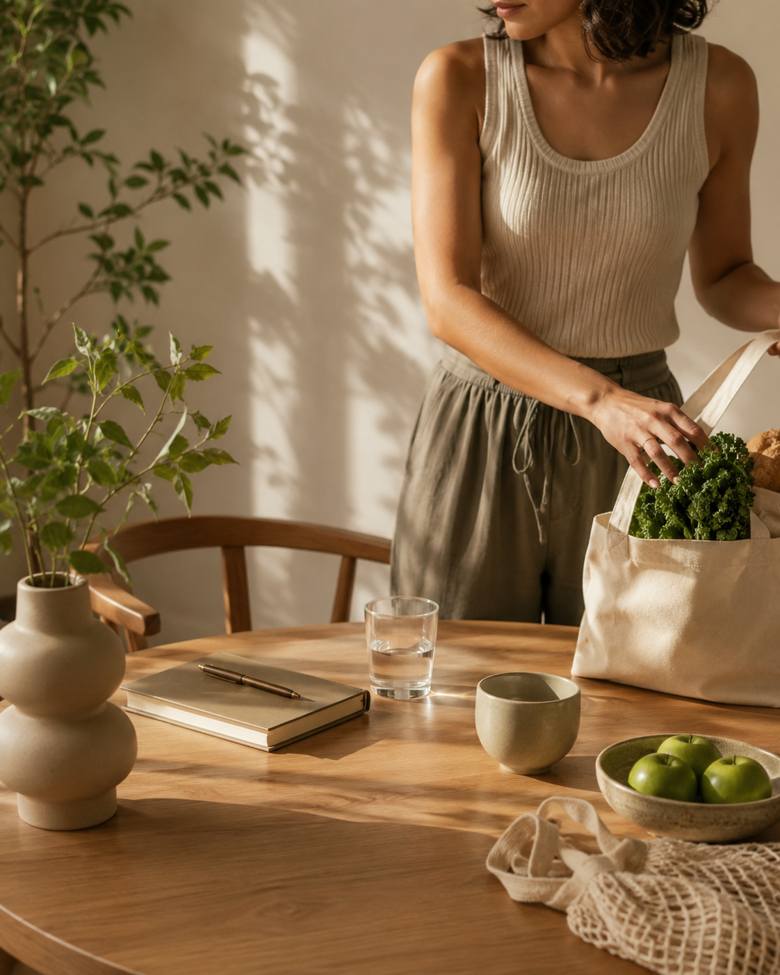 Woman unpacking fresh greens at home representing The Goodery Co. real-life wellness and lifestyle brand