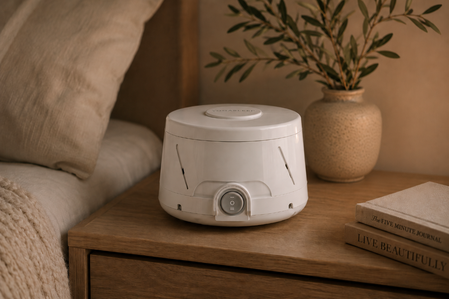 White noise machine on a bedside table in a softly lit bedroom.