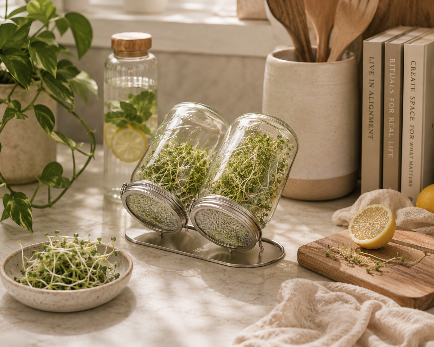 Sprouting jars filled with fresh greens in a sunny kitchen