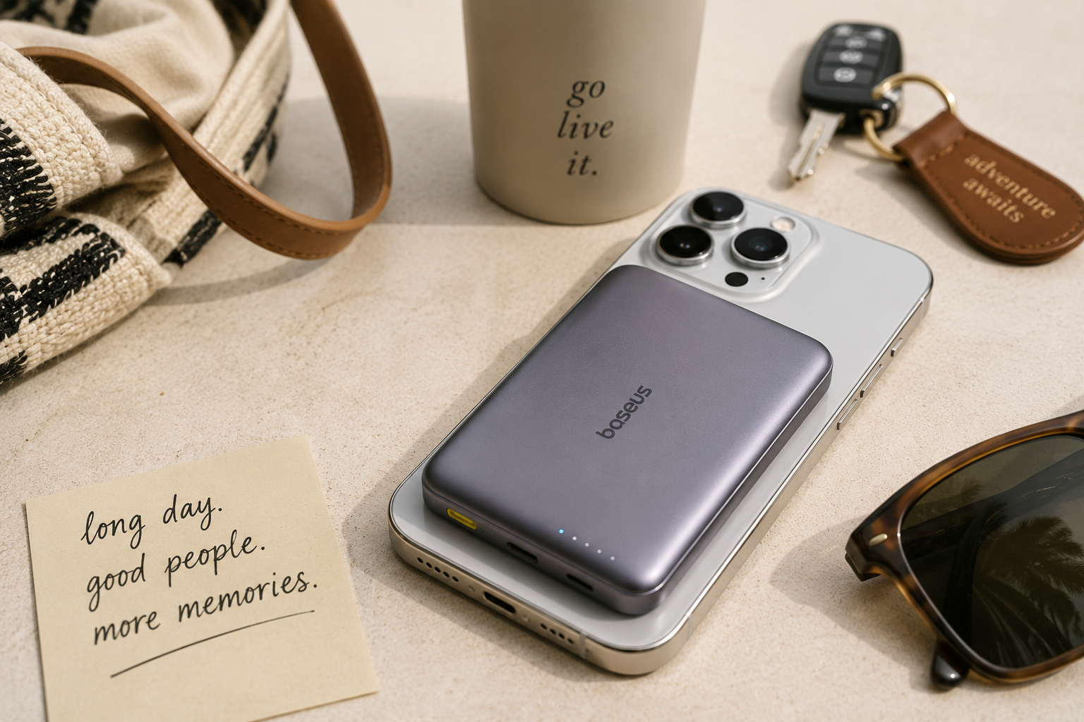 Portable phone charger attached to a smartphone beside keys, sunglasses and a travel cup.
