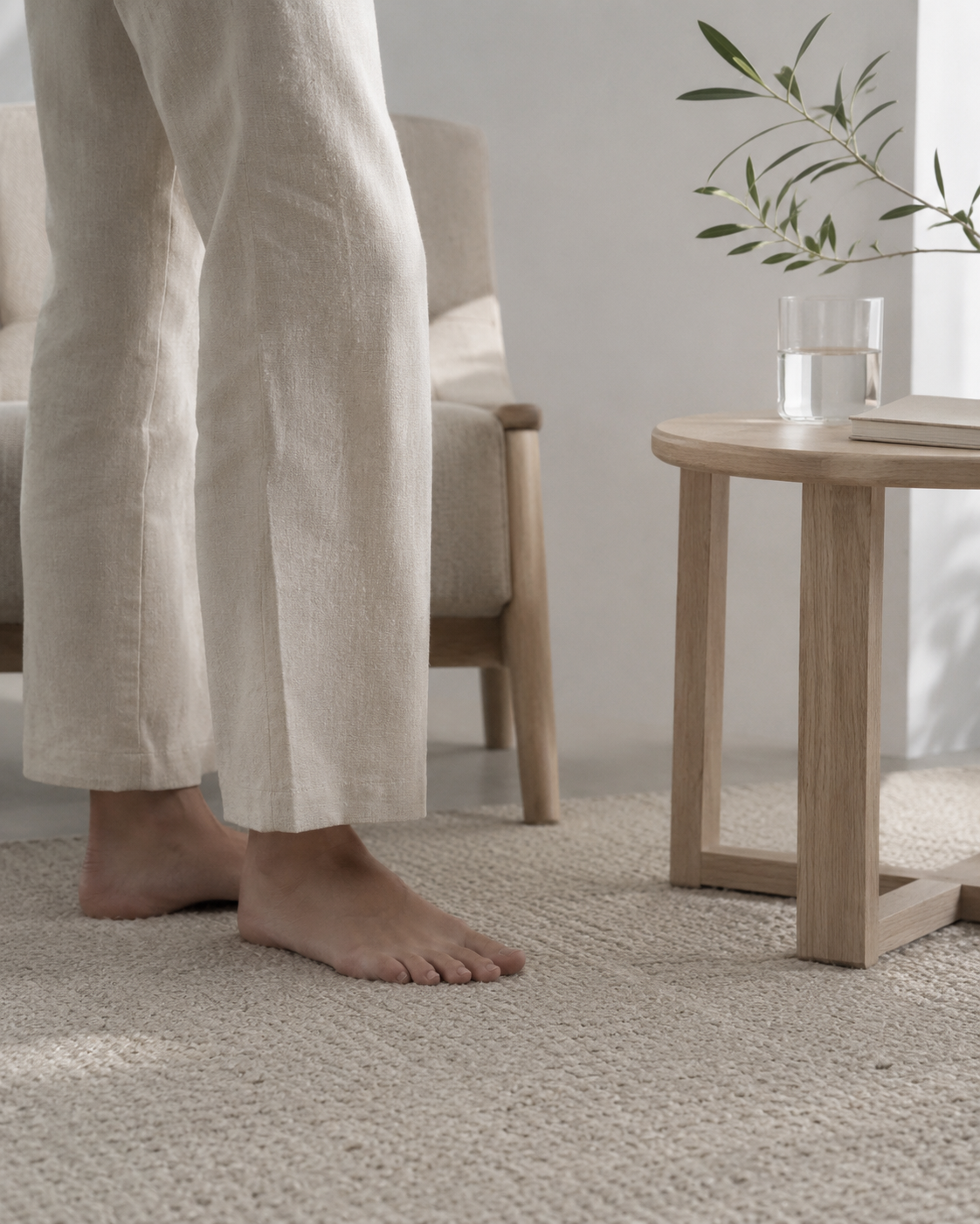Barefoot person at home representing grounding, slowing down and everyday wellbeing