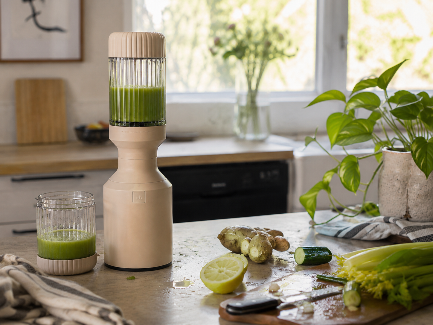 Beast Blender making a fresh green smoothie in a home kitchen