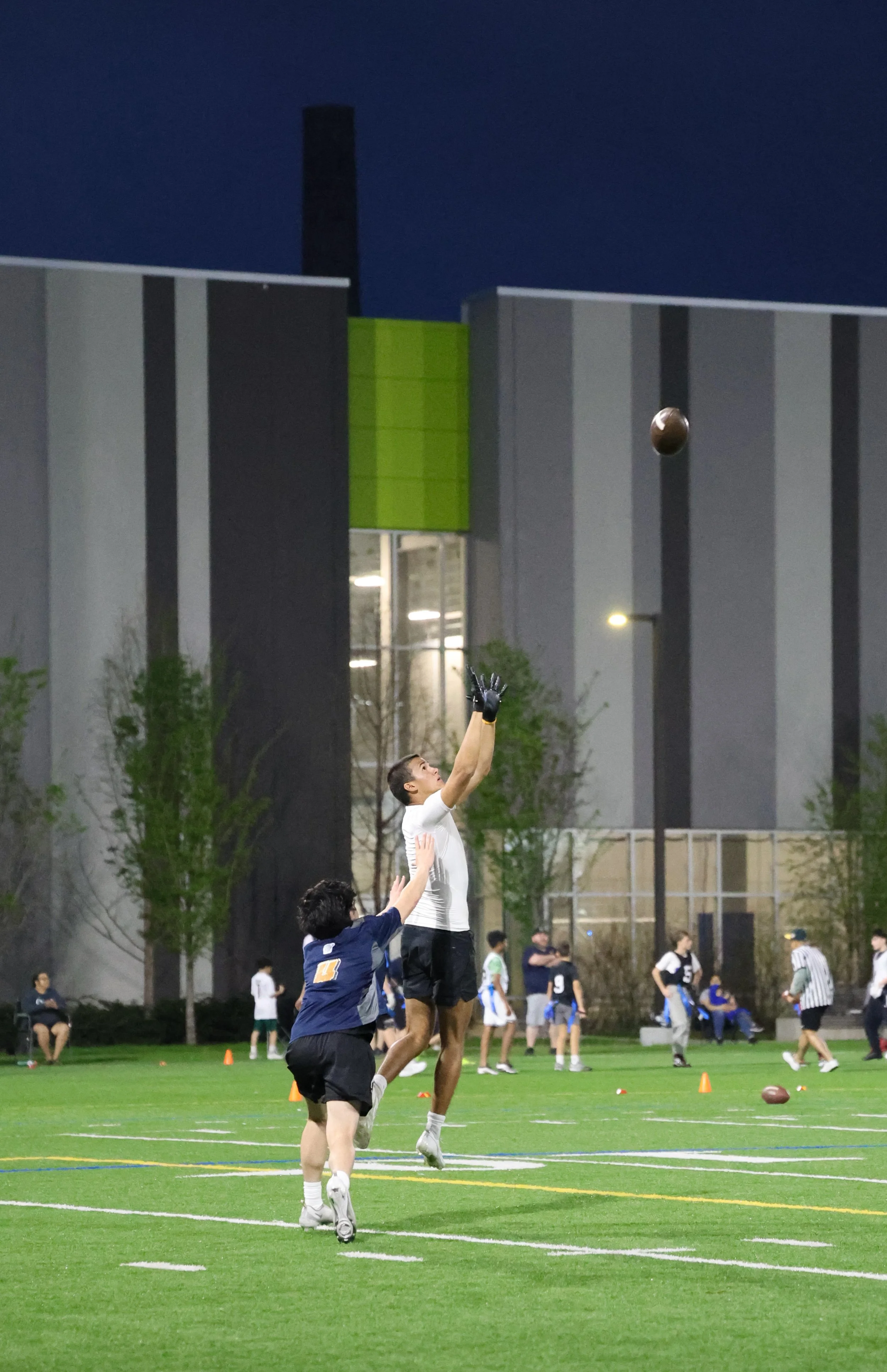 A football player jumping to catch a football during a game on a field at night, with other players and spectators in the background.