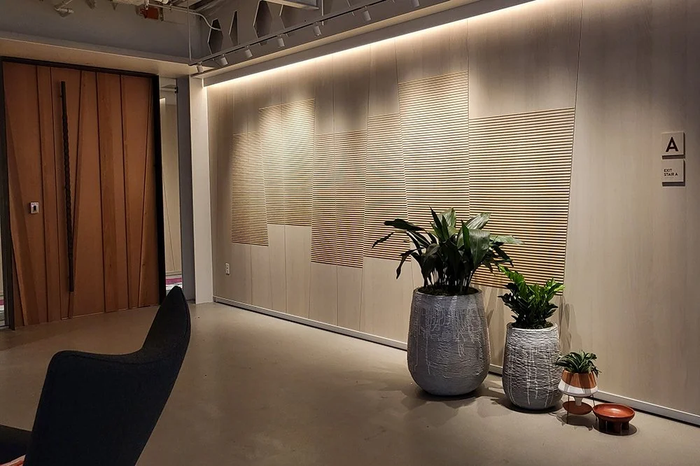 Modern interior space with wooden door, beige walls, and decorative wooden slats. Three large potted plants in textured gray pots sit on the floor, with a small plant in a terracotta pot and two small round cushions nearby. There is a black chair in the foreground, and a sign with a letter and arrow on the wall.