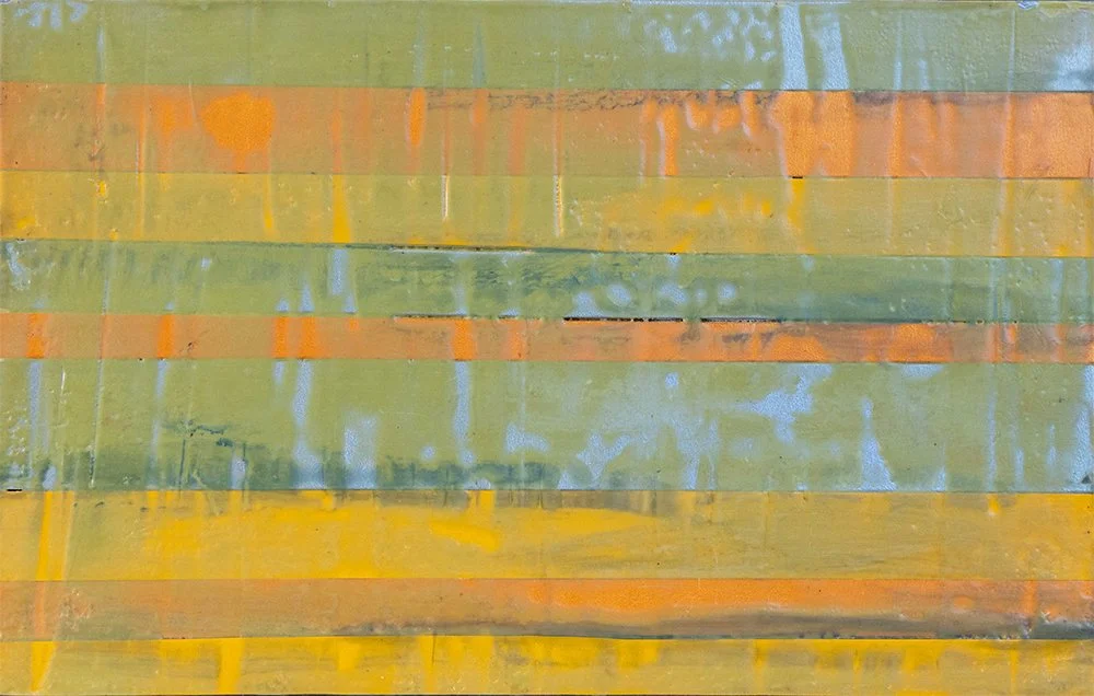 Abstract painting with horizontal stripes in shades of orange, green, and yellow.