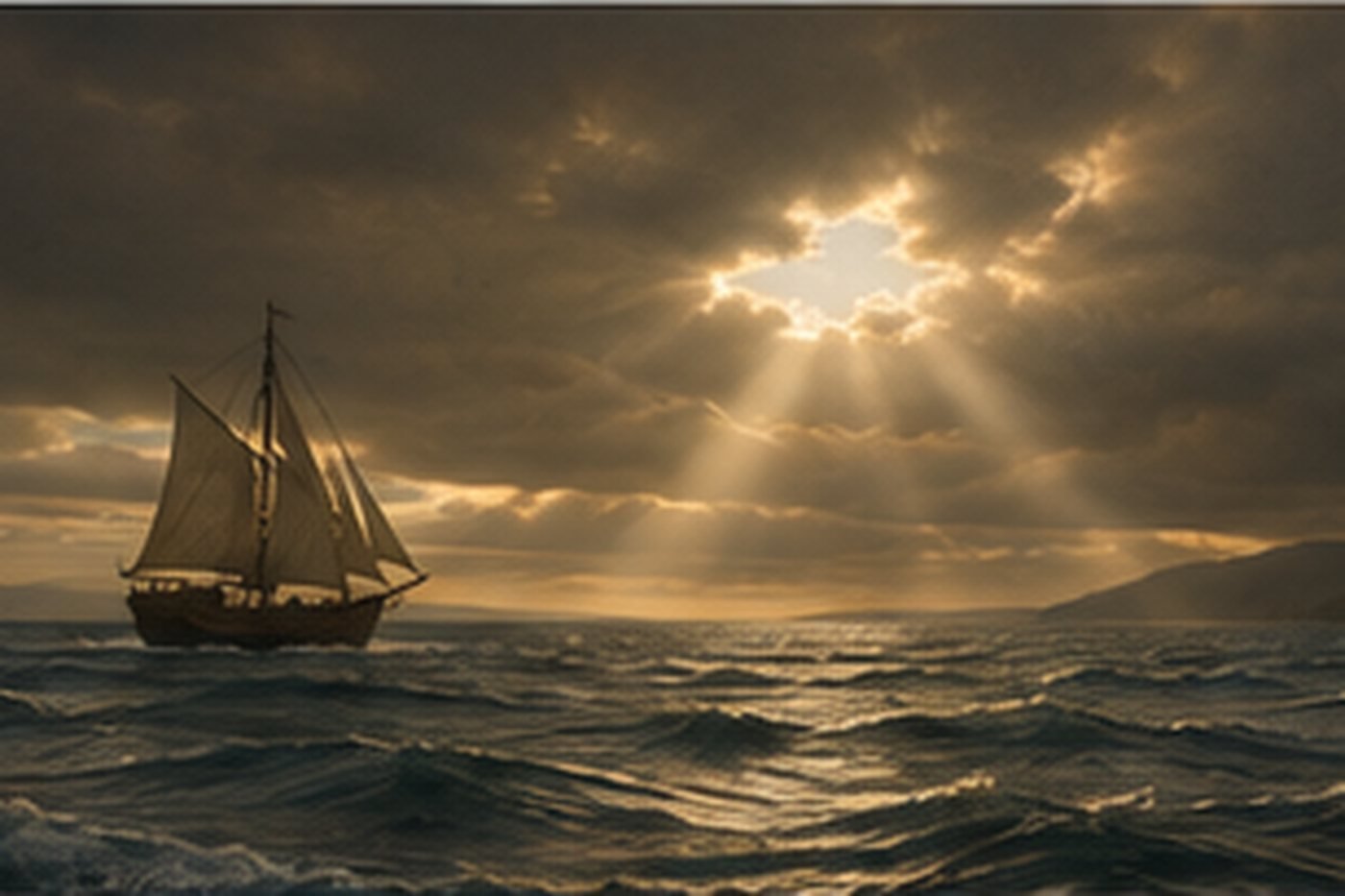 Small ship crosses a turbulent sea beneath a vast sky, recalling the Book of Yonah read on Yom Kippur afternoon.