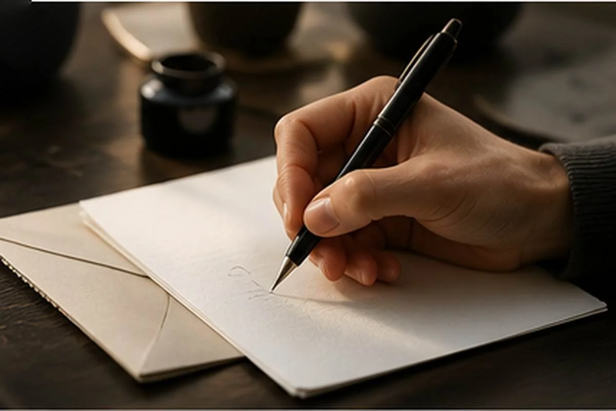 A person carefully writing a personal apology by hand at a softly lit wooden desk.