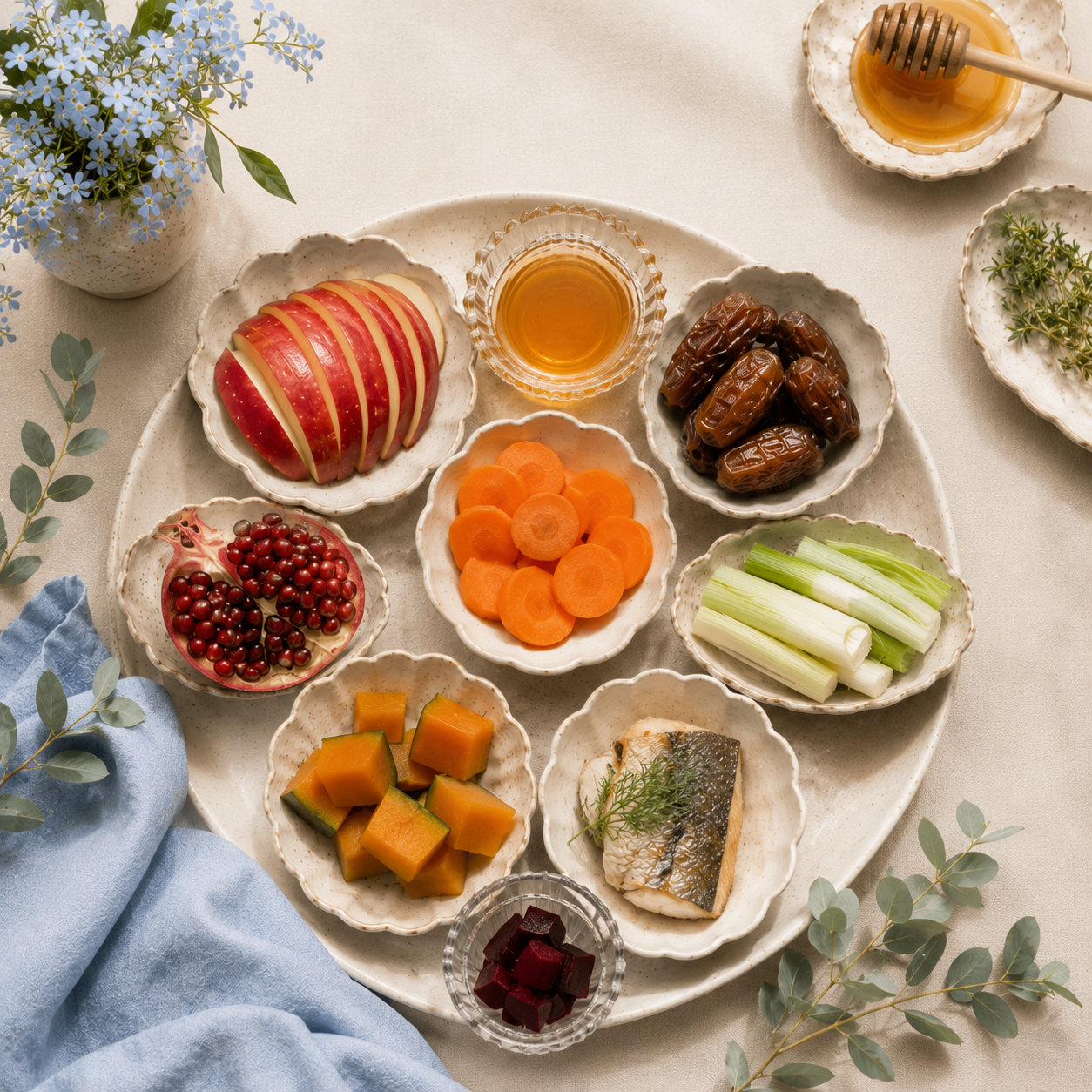 Complete Rosh Hashanah simanim plate with traditional symbolic foods.