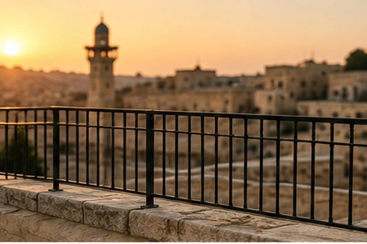 A rooftop terrace protected by a sturdy railing overlooking Jerusalem-style stone buildings.