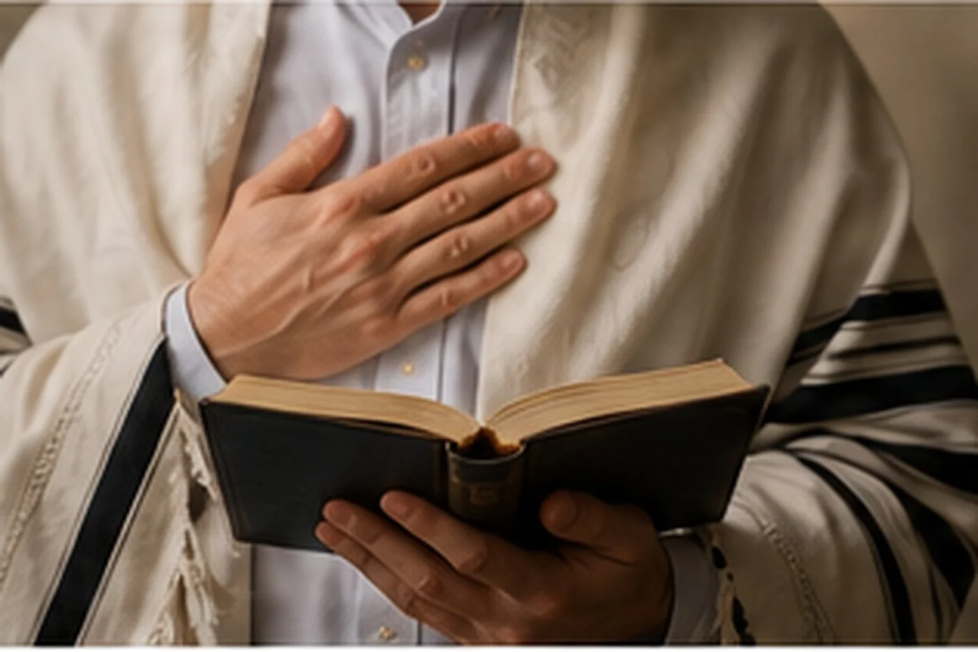 Person holds a machzor and rests a hand over the heart while reciting the Yom Kippur confession.