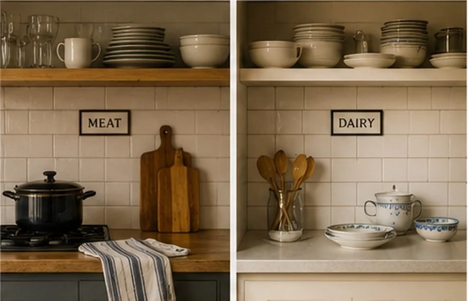 An orderly kosher kitchen with separate meat and dairy areas, distinct dishes, utensils, and preparation spaces.