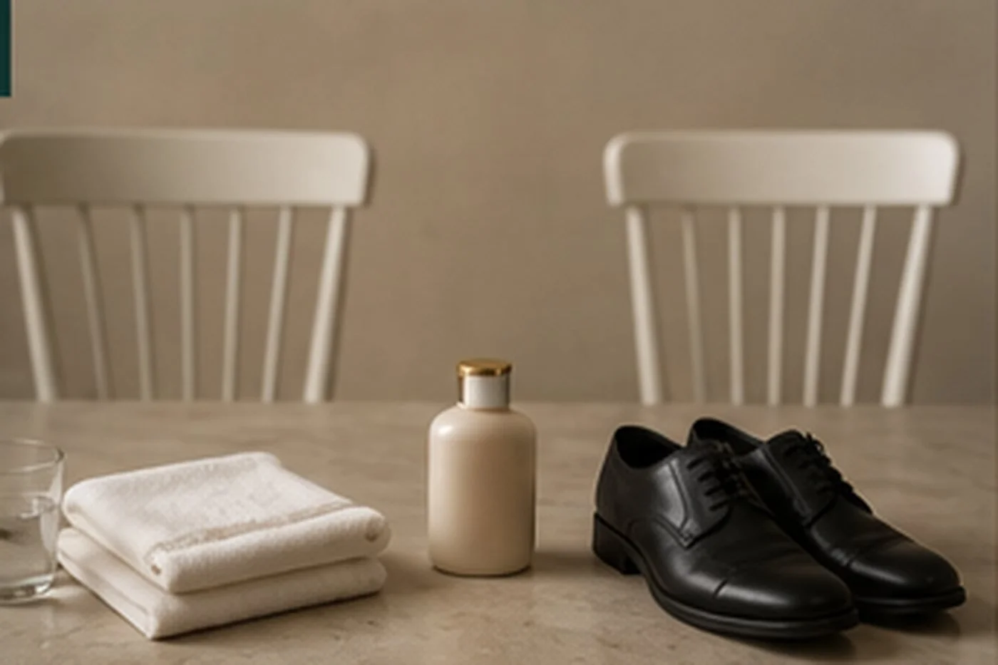 Symbolic still life with water, a folded towel, lotion, leather shoes, and separate chairs representing the Yom Kippur restrictions.