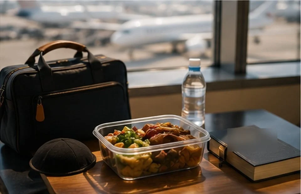 A carefully packed kosher meal, travel bag, water bottle, and kippah arranged at an airport table overlooking the runway.