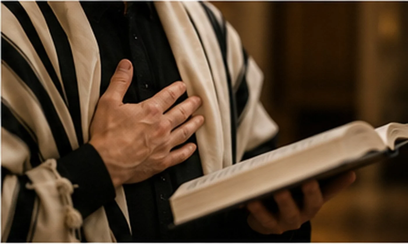 Person gently touching the chest while reciting Vidui from a softly blurred Yom Kippur machzor.