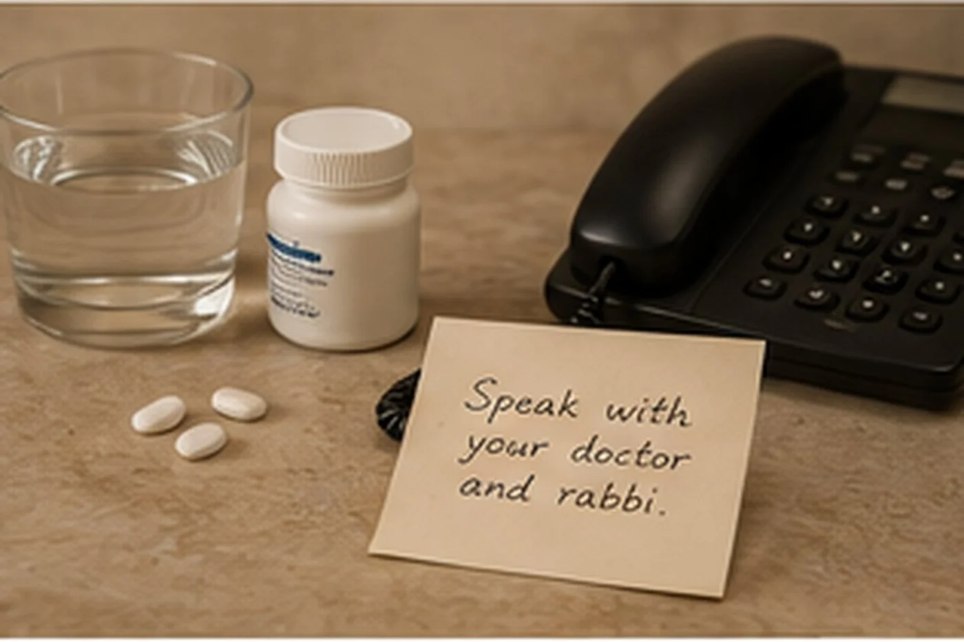 Water and necessary medication prepared beside a telephone before Yom Kippur for responsible medical planning.