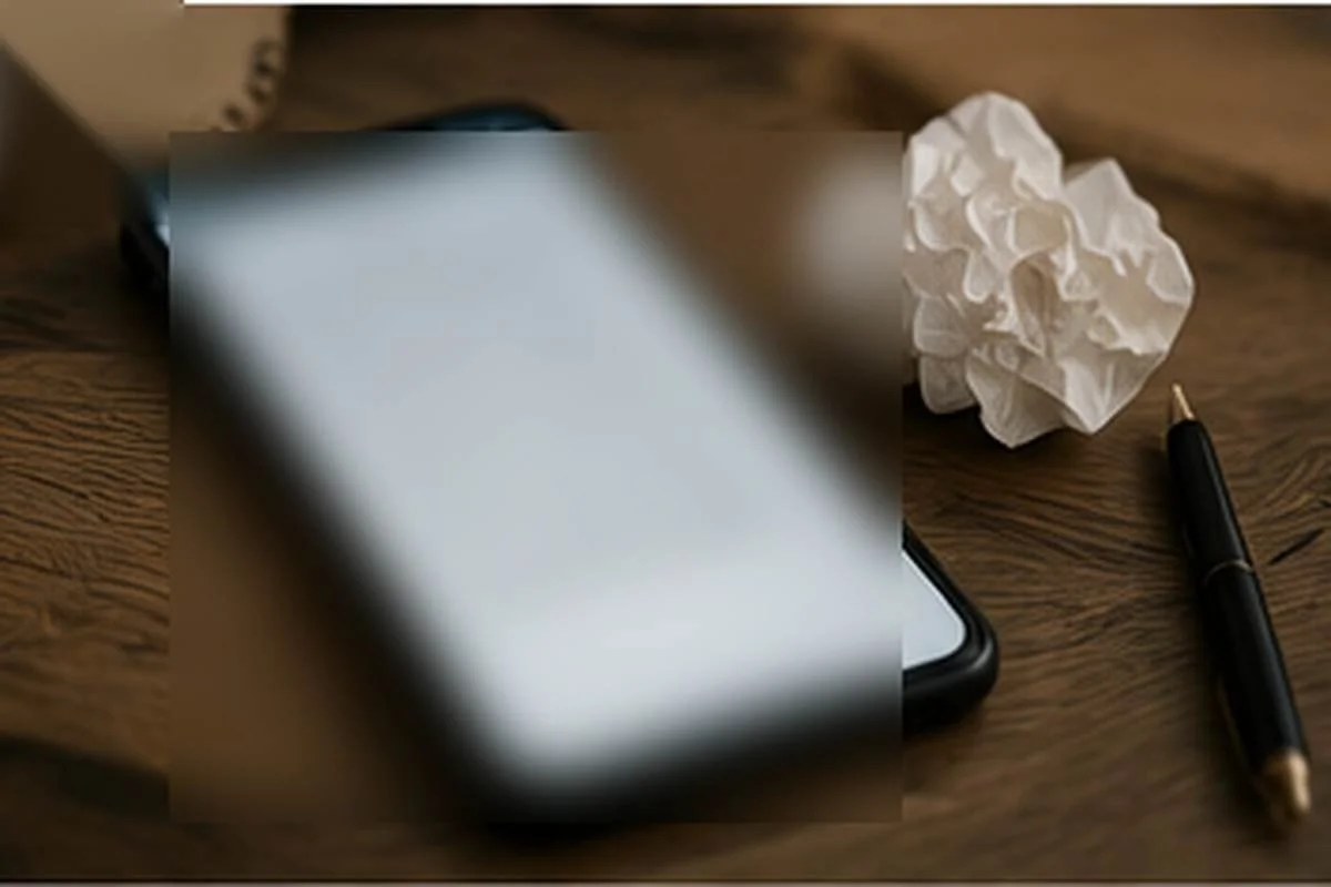 A smartphone displaying a blurred message beside a crumpled draft and pen on a wooden table.