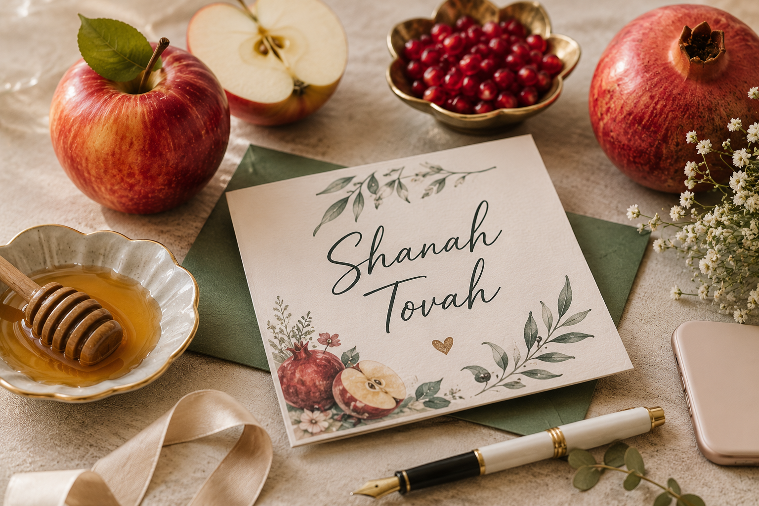 Rosh Hashanah greeting card with apples, honey and handwritten Jewish New Year wishes