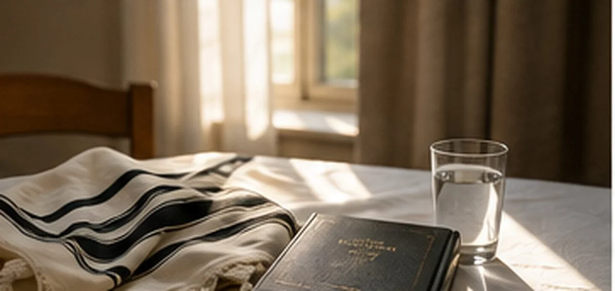 Machzor and black-striped tallis prepared in the quiet afternoon before the Yom Kippur fast.