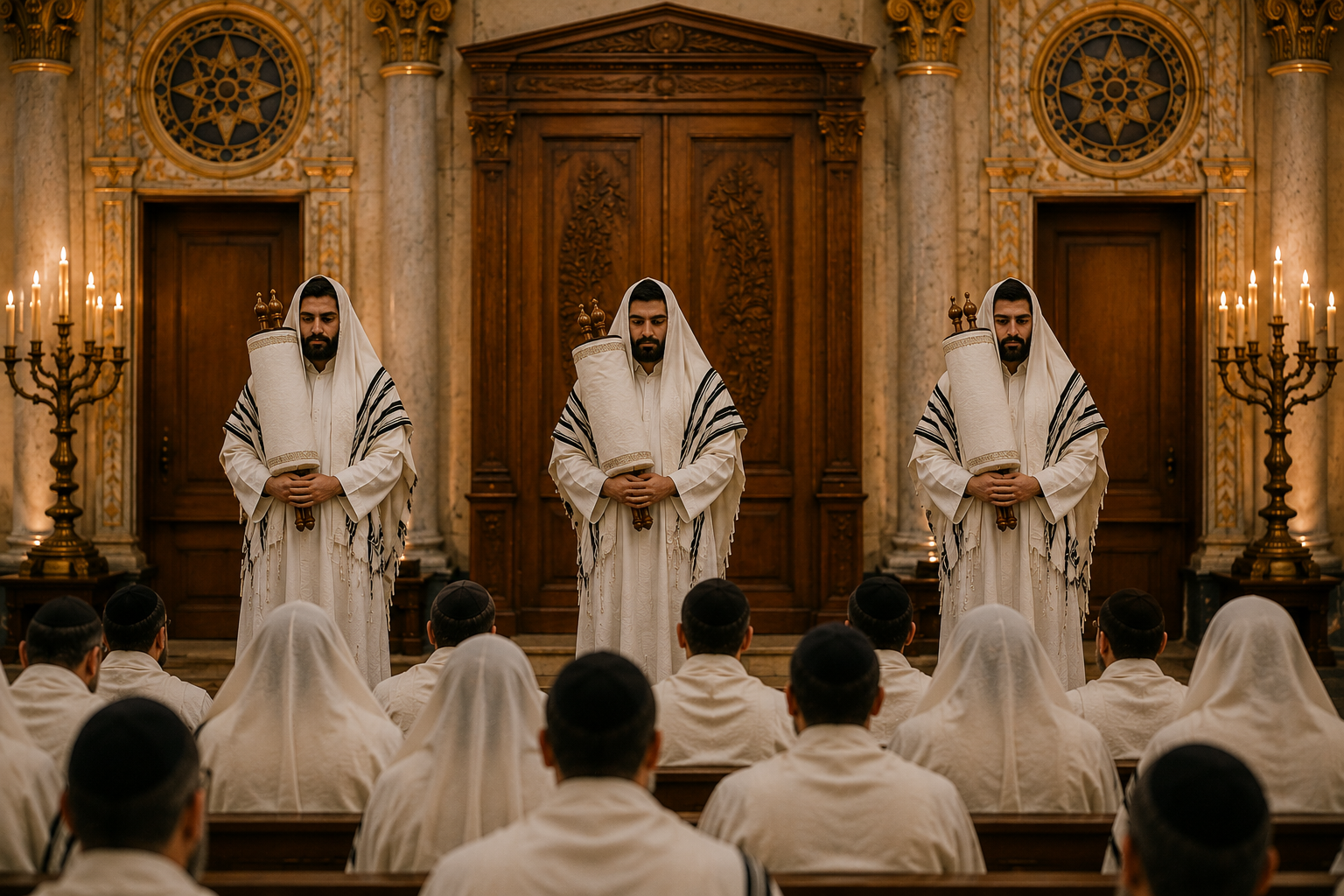 Torah scrolls held beside the chazzan in front of the Aron Nidrei service.