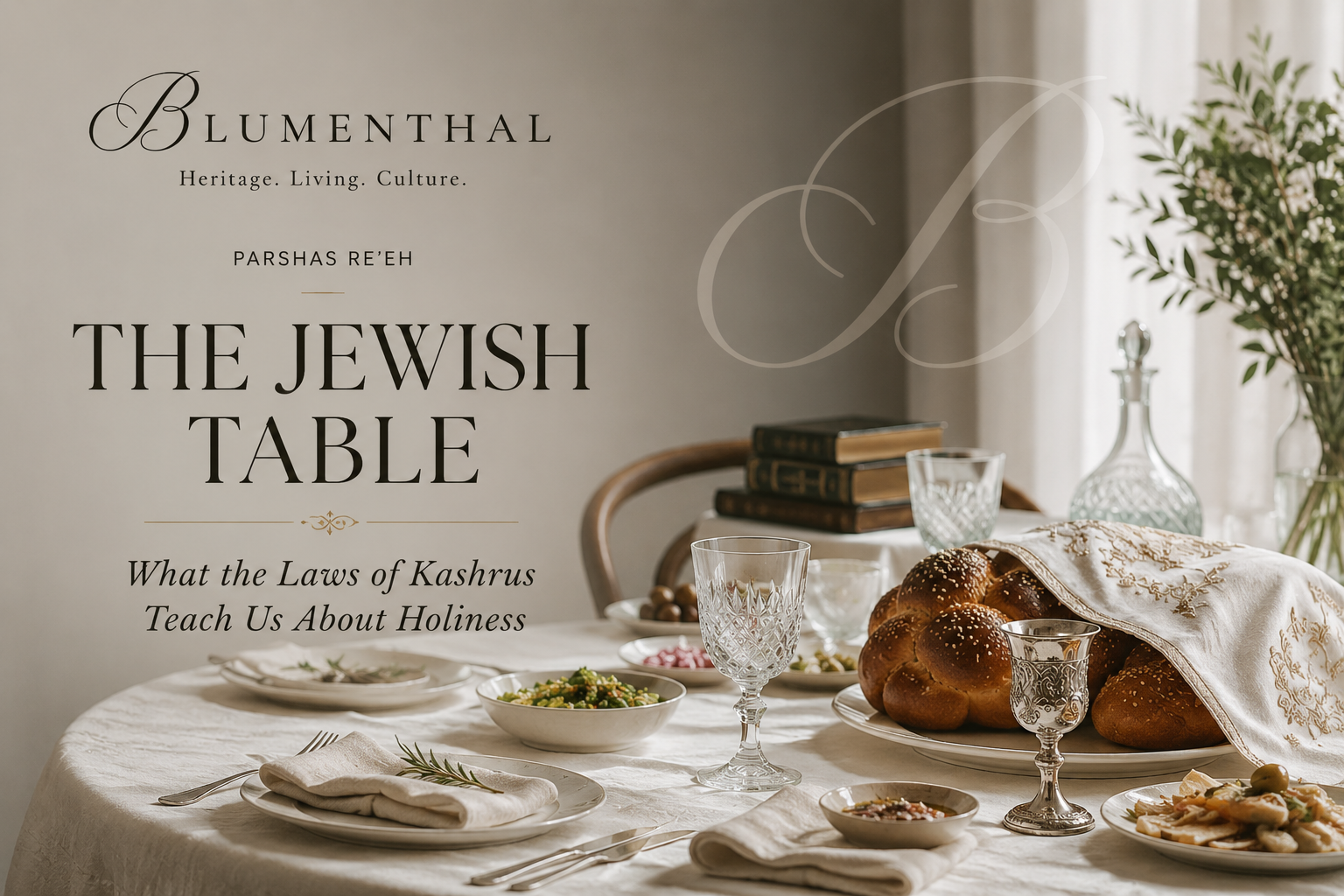 Blumenthal Parshas Re’eh article cover featuring a refined Jewish table with covered challah, a silver Kiddush cup, wine, olives, and traditional dishes, titled “The Jewish Table: What the Laws of Kashrus Teach Us About Holiness.”