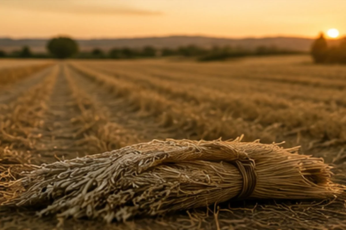A forgotten bundle of grain lies in a harvested field in the golden light of sunset.