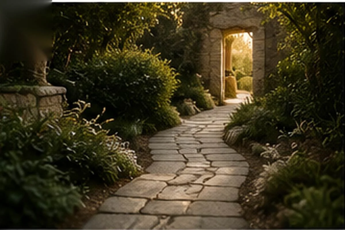 A winding stone pathway leading through a peaceful garden toward a sunlit archway.