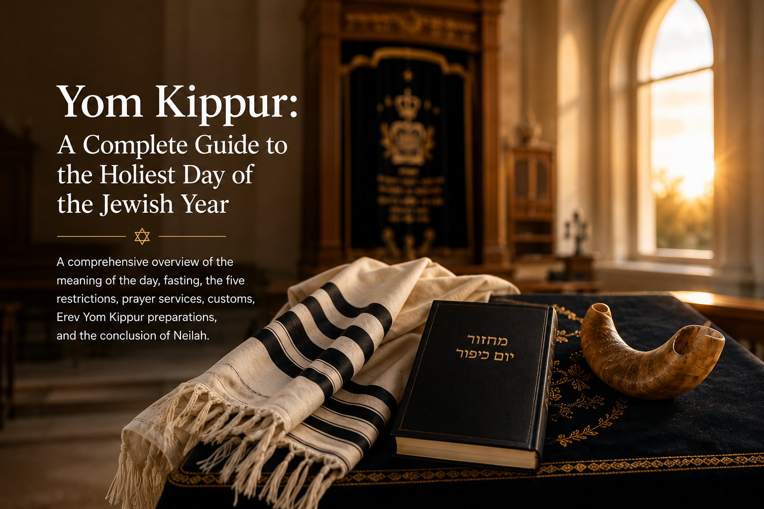 Yom Kippur Guide Header with shofar, prayer book, tallit, and synagogue window