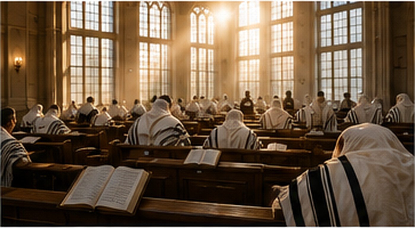 Morning sunlight fills a synagogue during the Shacharit service of Yom Kippur.