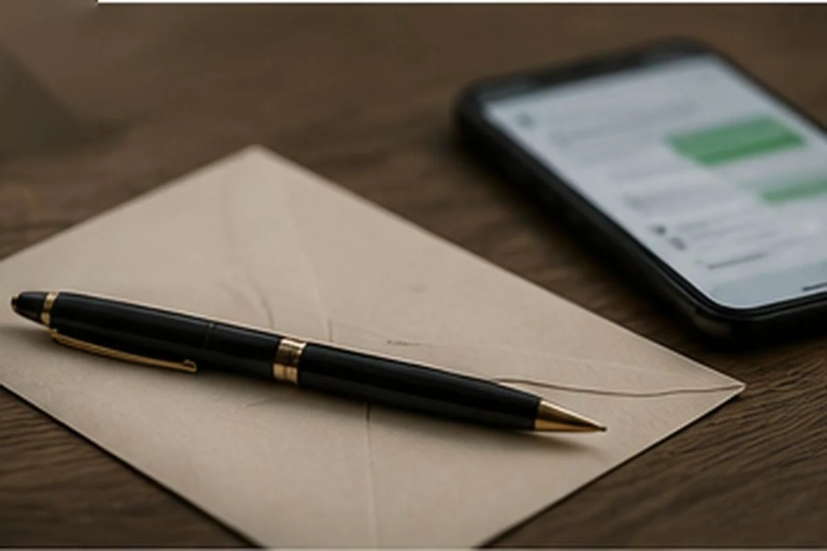 A sealed envelope and fountain pen in the foreground with a smartphone softly blurred behind them.