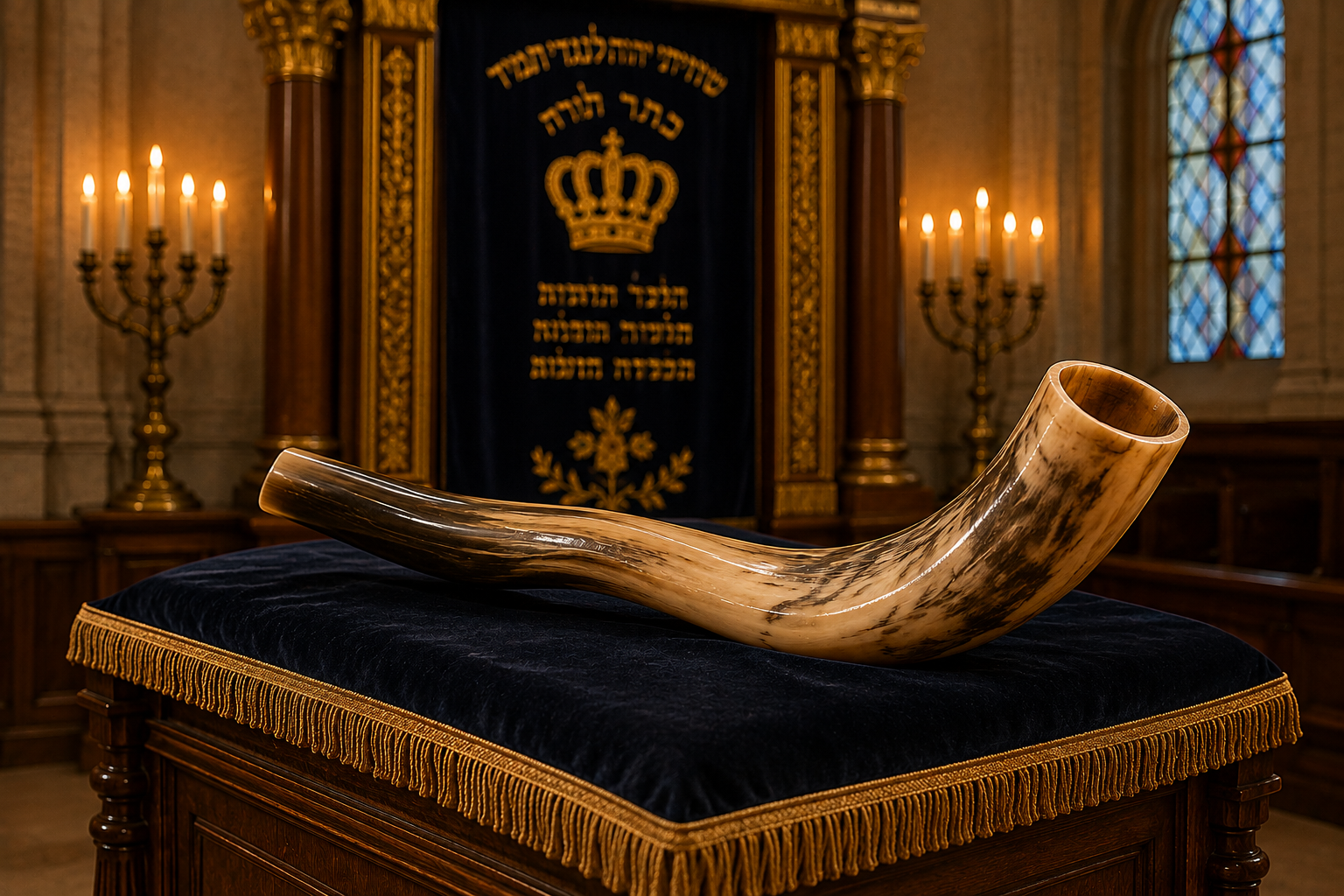 Shofar rests on the bimah as the Aron closes at the conclusion of Yom Kippur.