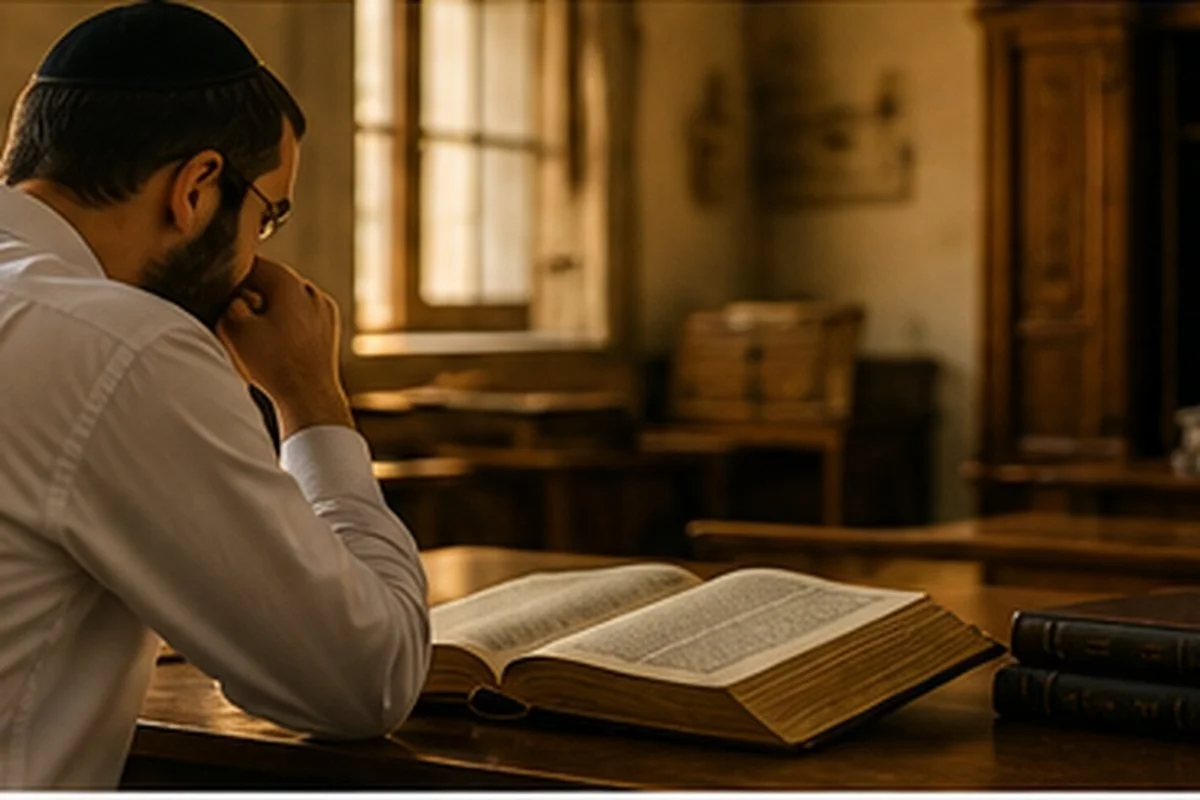 A Jewish man sits alone in quiet reflection beside an open sefer in a softly lit beis midrash.