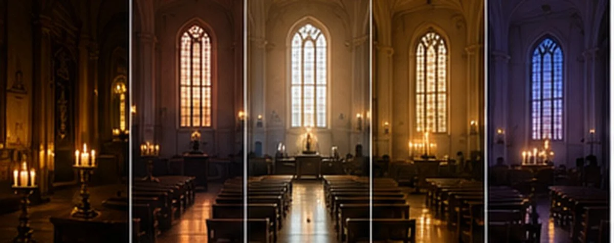 Synagogue interior changing from evening candlelight to the final golden light of Yom Kippur.