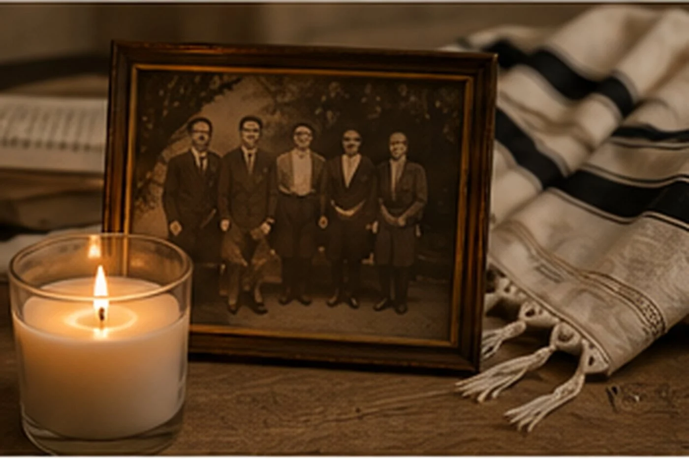 Memorial candle burns beside an old family photograph, folded tallis, and softly focused machzor.