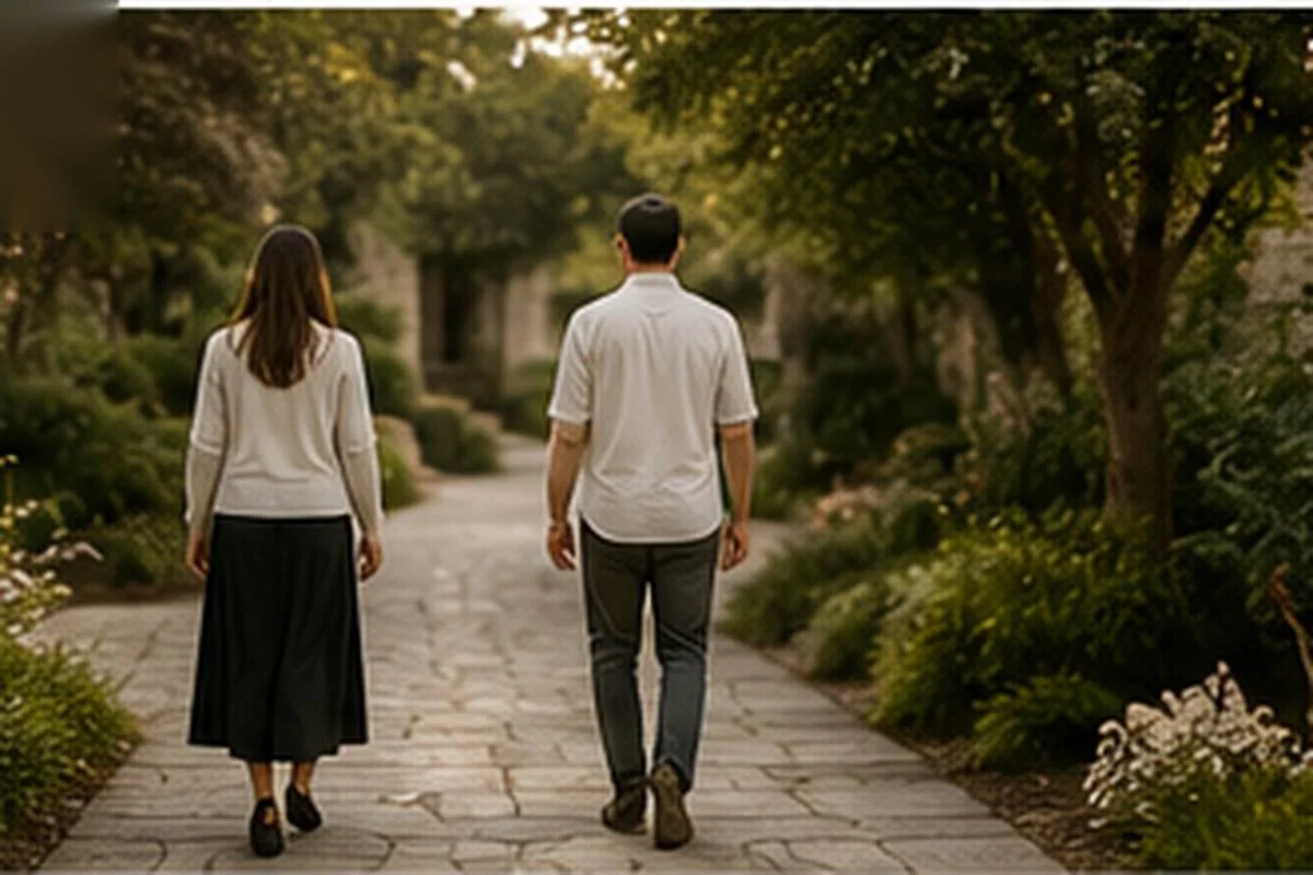 A man and woman walking quietly through a garden while maintaining a respectful distance from one another.