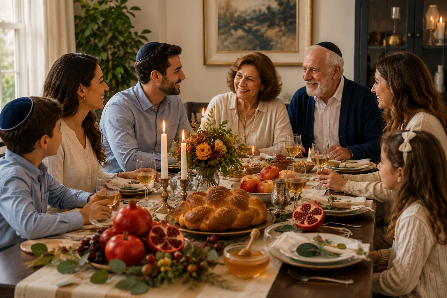Jewish family and friends sharing a Rosh Hashanah meal together