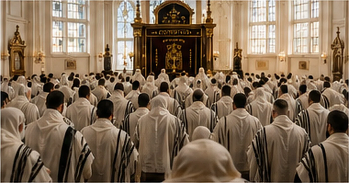 Congregation standing together during the Yom Kippur Musaf service in bright midday light.