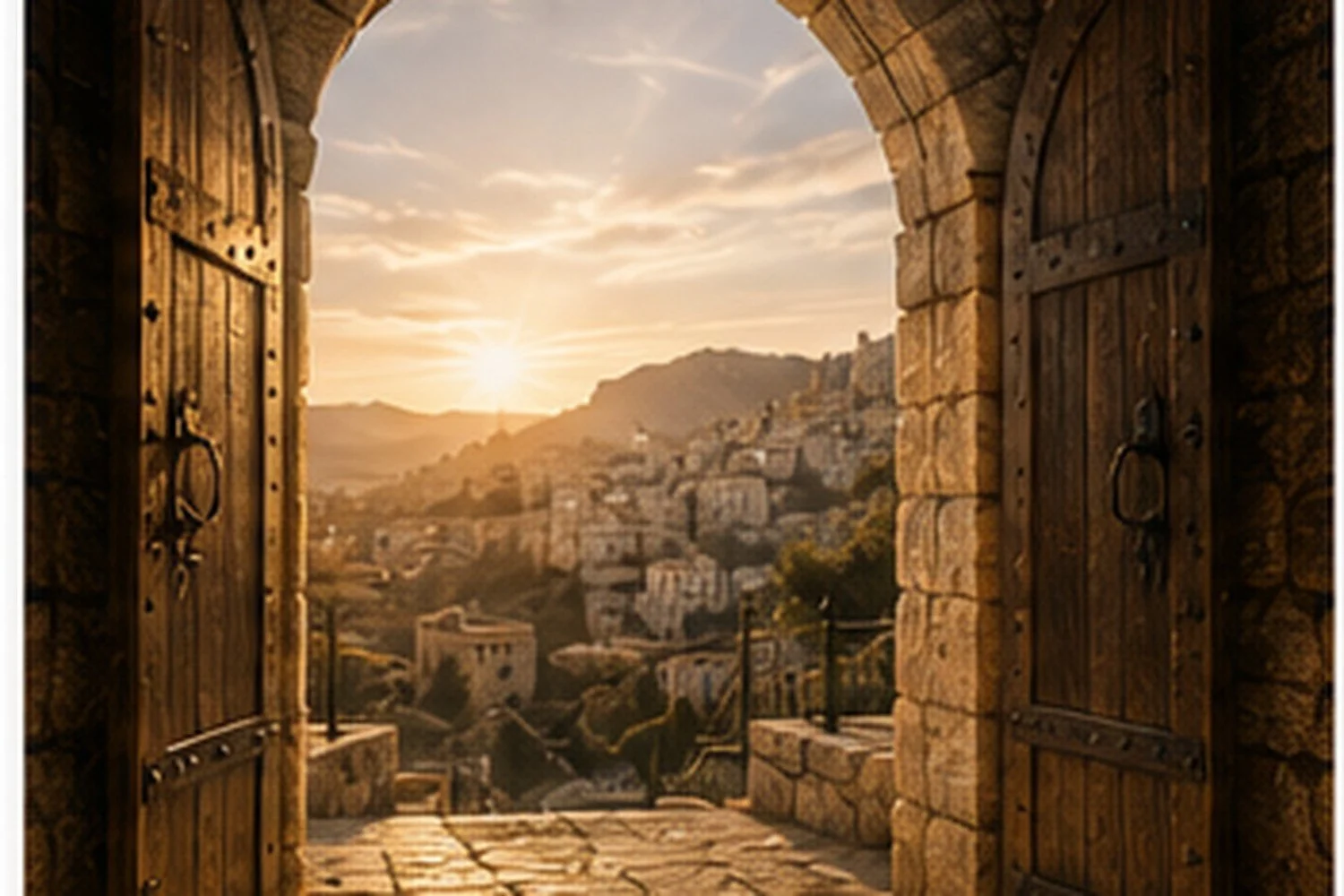 Ancient Jerusalem-style stone gate at dawn, symbolizing the command in Parshas Shoftim to appoint judges and officers at every gate.
