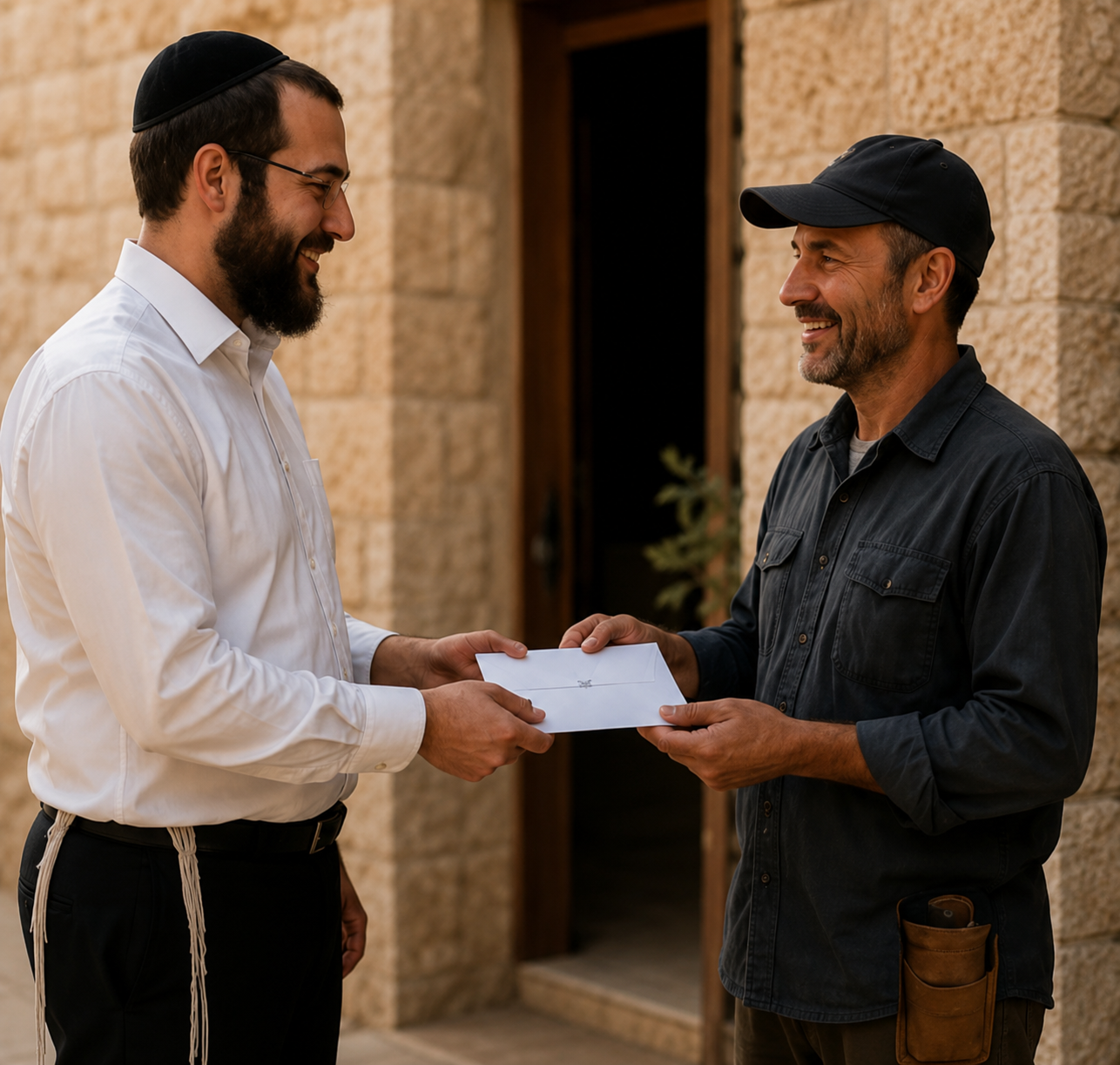 A man hands a payment envelope to a worker outside a stone building.