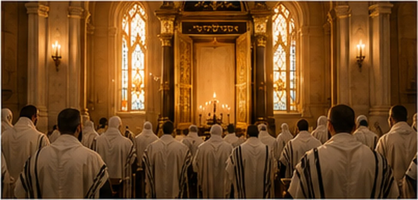 Open Aron glows in the final golden light as the congregation stands for Neilah.
