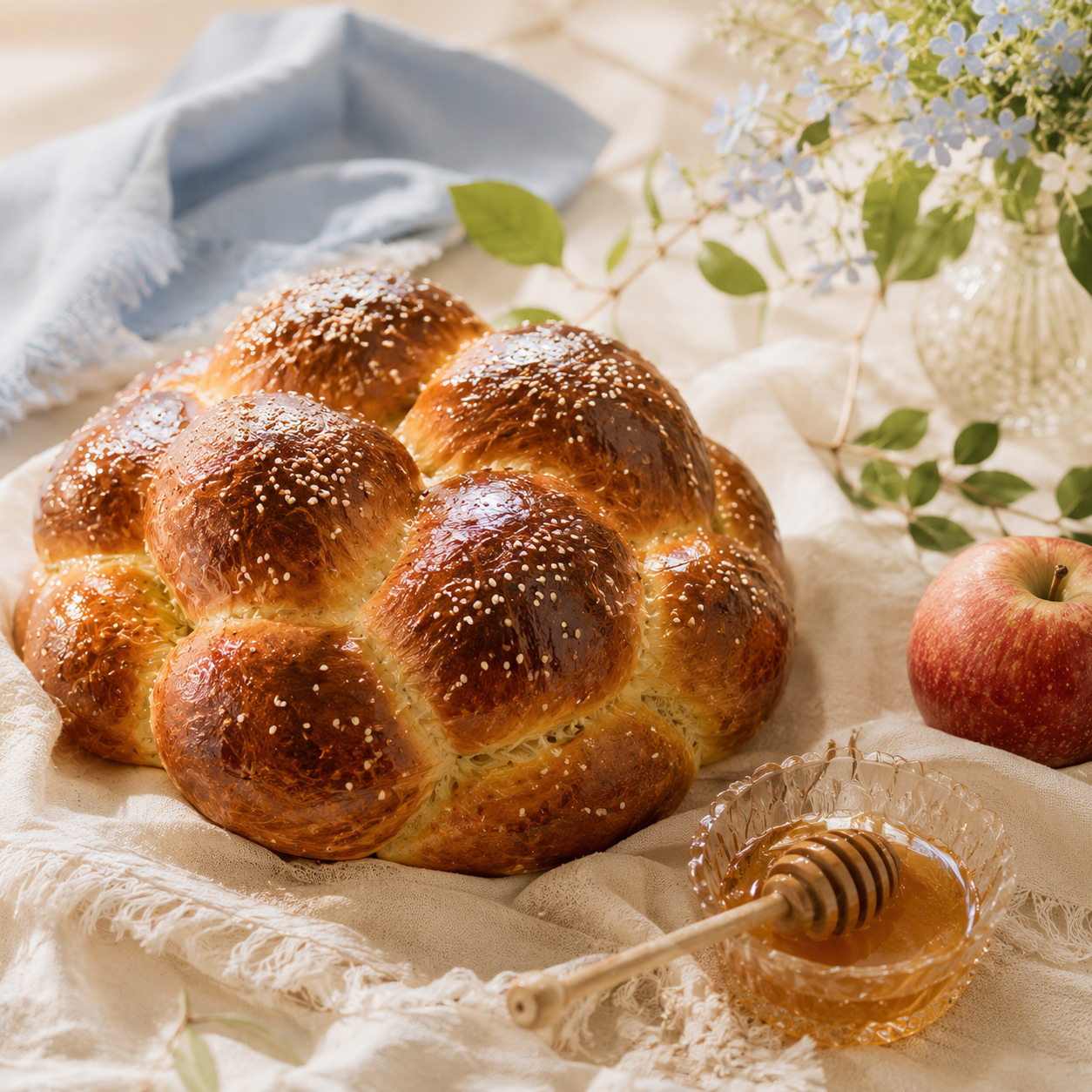 Round challah representing the cycle and crown of the Jewish New Year.
