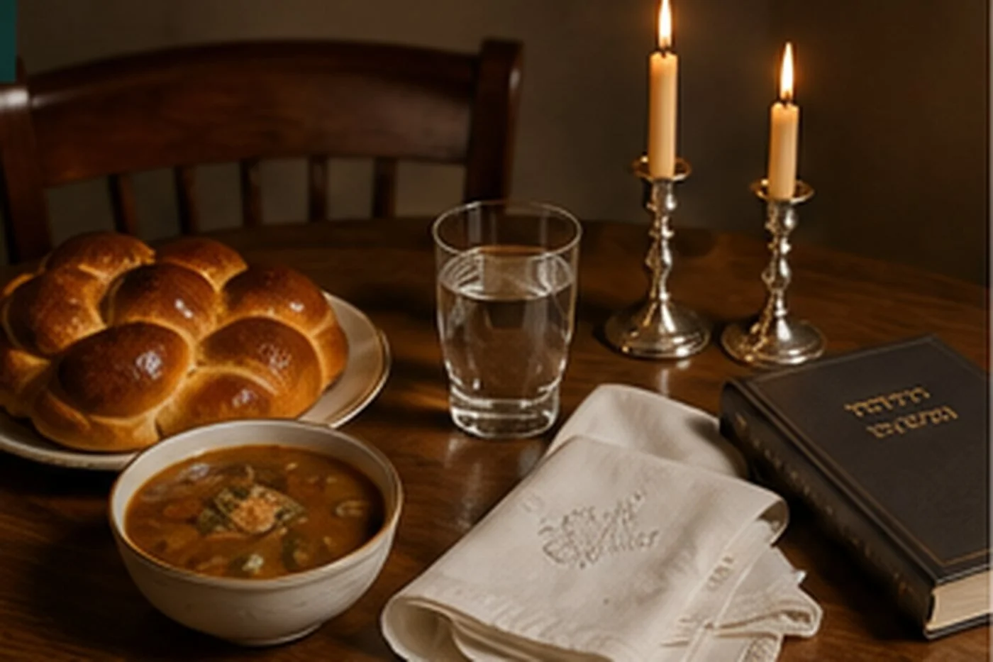 Simple Erev Yom Kippur meal with water, holiday candles, a white cloth, and a closed machzor on a dining table.