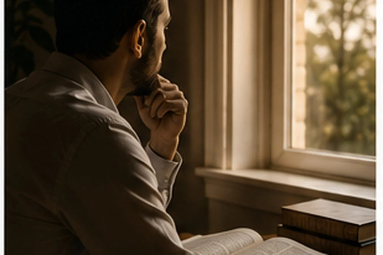 Contemplative Jewish man near a softly lit window with an open sefer nearby, representing the spiritual guarding of the eyes, ears, and mouth during Elul.