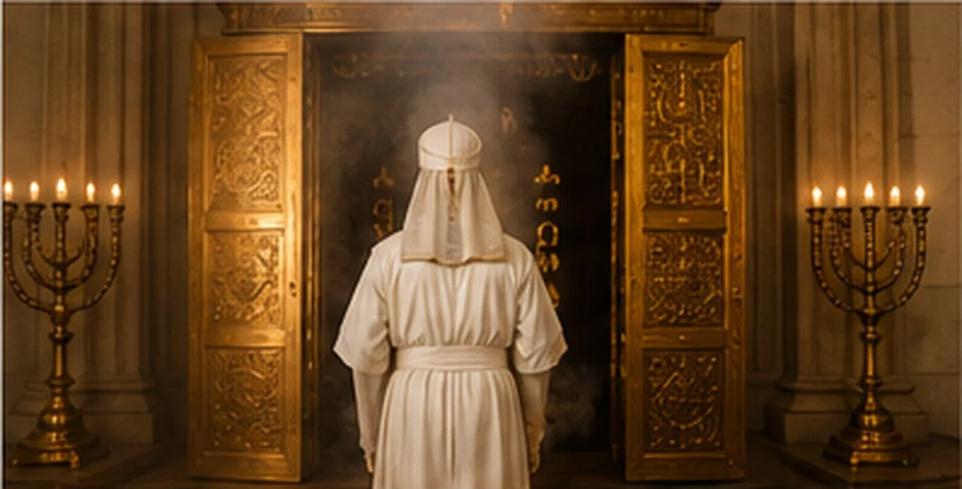 Kohen Gadol in white linen garments approaching the Kodesh HaKodashim during the Yom Kippur Avodah.