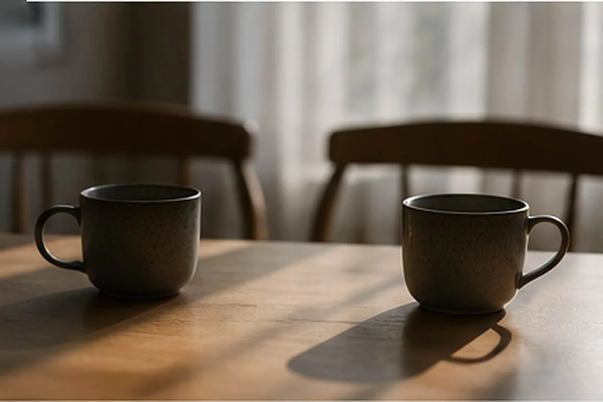 Two ceramic cups placed across from one another on a wooden table, with two empty chairs behind them.