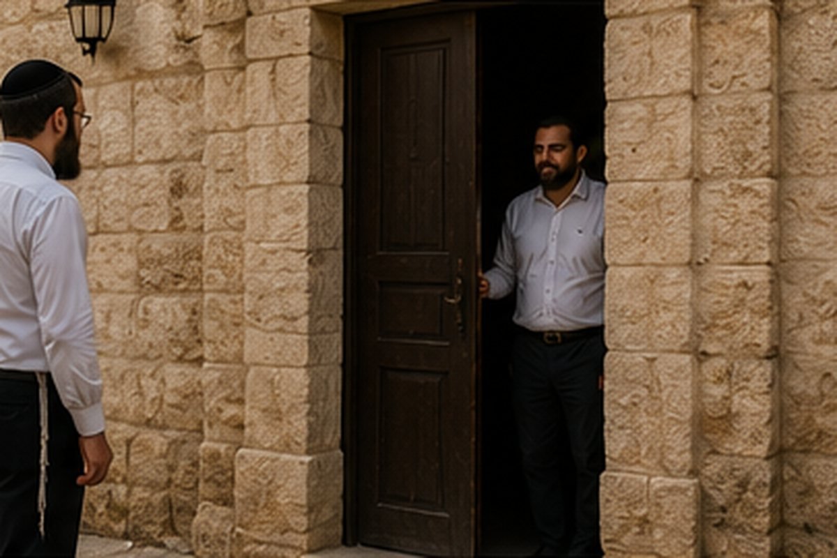 A man waits respectfully outside a stone doorway while another man remains inside.