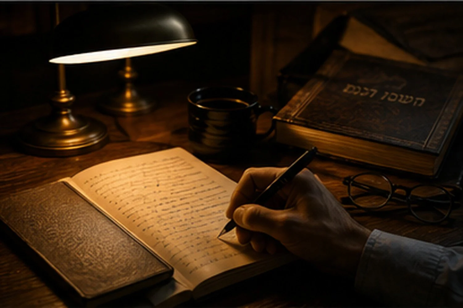 Quiet writing desk with a notebook, pen, reading glasses, and sefer under warm lamplight, evoking the reflective work of cheshbon hanefesh during Elul.