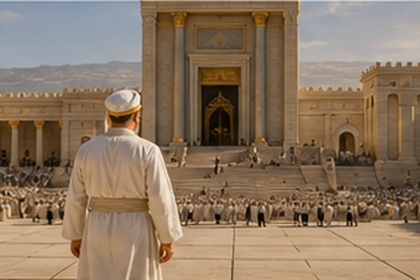 Kohen Gadol in plain white garments approaches the Sanctuary during the Yom Kippur service in the Beis HaMikdash.